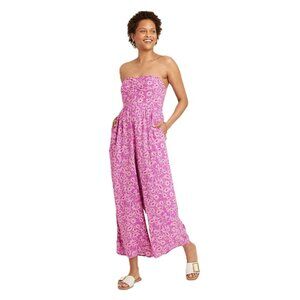 Knox Rose Women's Large Magenta Floral Print Smocked Back Sleeveless Jumpsuit